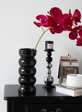 轻奢中古高级感黑色陶瓷花瓶复古创意客厅插花水培鲜花瓶装饰摆件