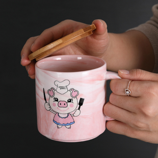 卡通可爱早餐杯水杯杯子大容量牛奶杯情侣杯陶瓷杯带盖带勺马克杯