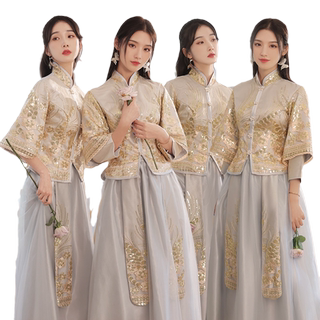 新中式伴娘礼服租赁服2026新款夏季灰色大码姐妹团中国风秀禾礼服