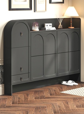 现代简约法式复古超薄鞋柜17cm家用门口入户靠墙翻斗窄鞋柜黑色