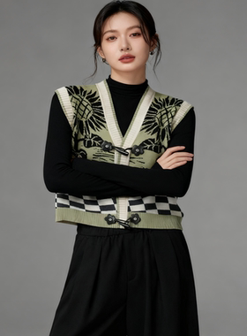 复古提花针织马甲女春季2024叠穿背心v领内搭外穿宽松外套上衣潮