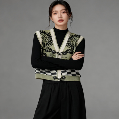 复古提花针织马甲女春季2024叠穿背心v领内搭外穿宽松外套上衣潮