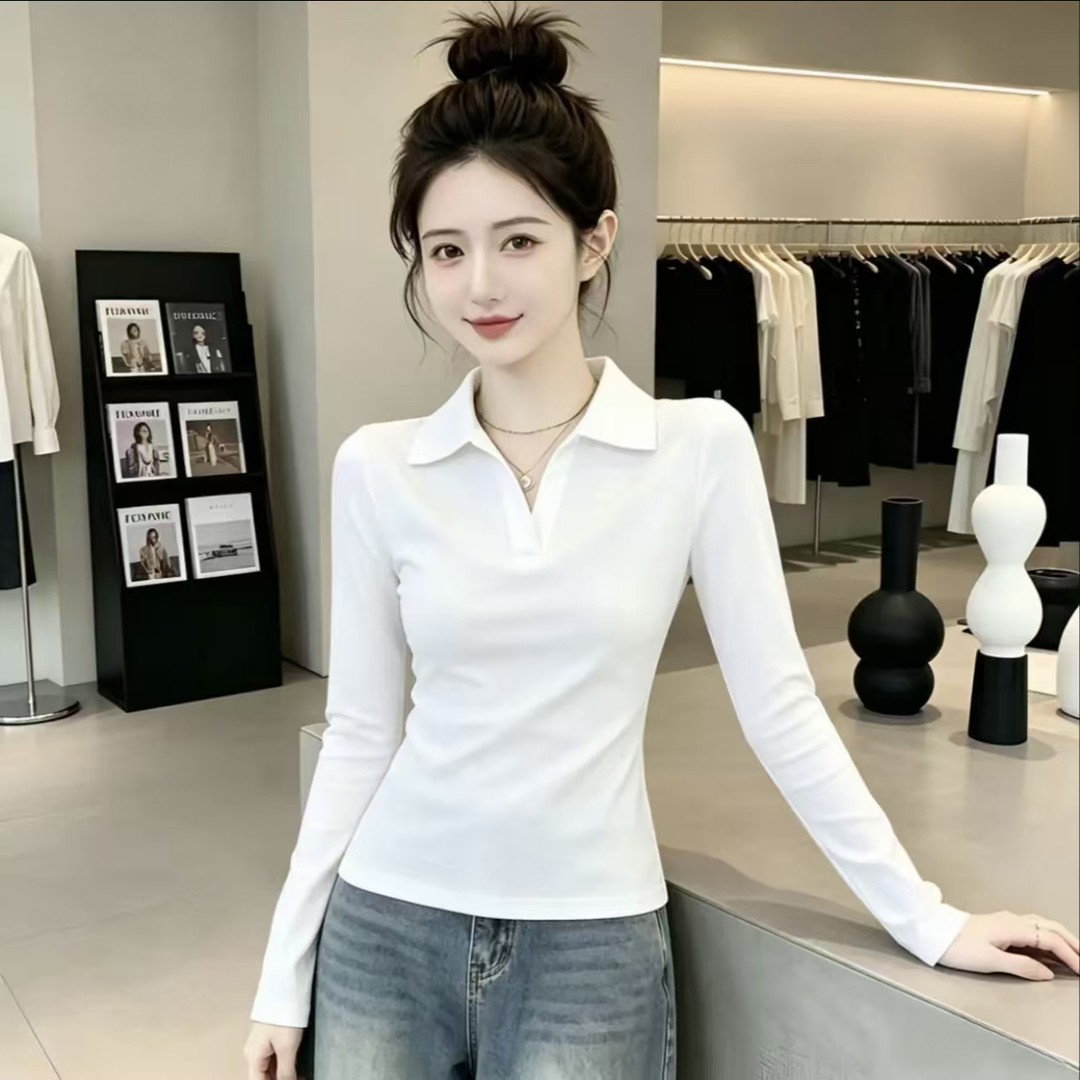 正肩Polo领长袖t恤女秋季打底衫