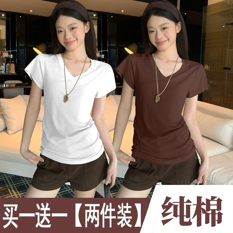 纯棉短袖t恤女春季v领百搭打底衫