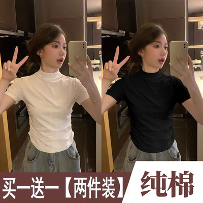 褶皱收腰显瘦上衣半高领短袖T恤