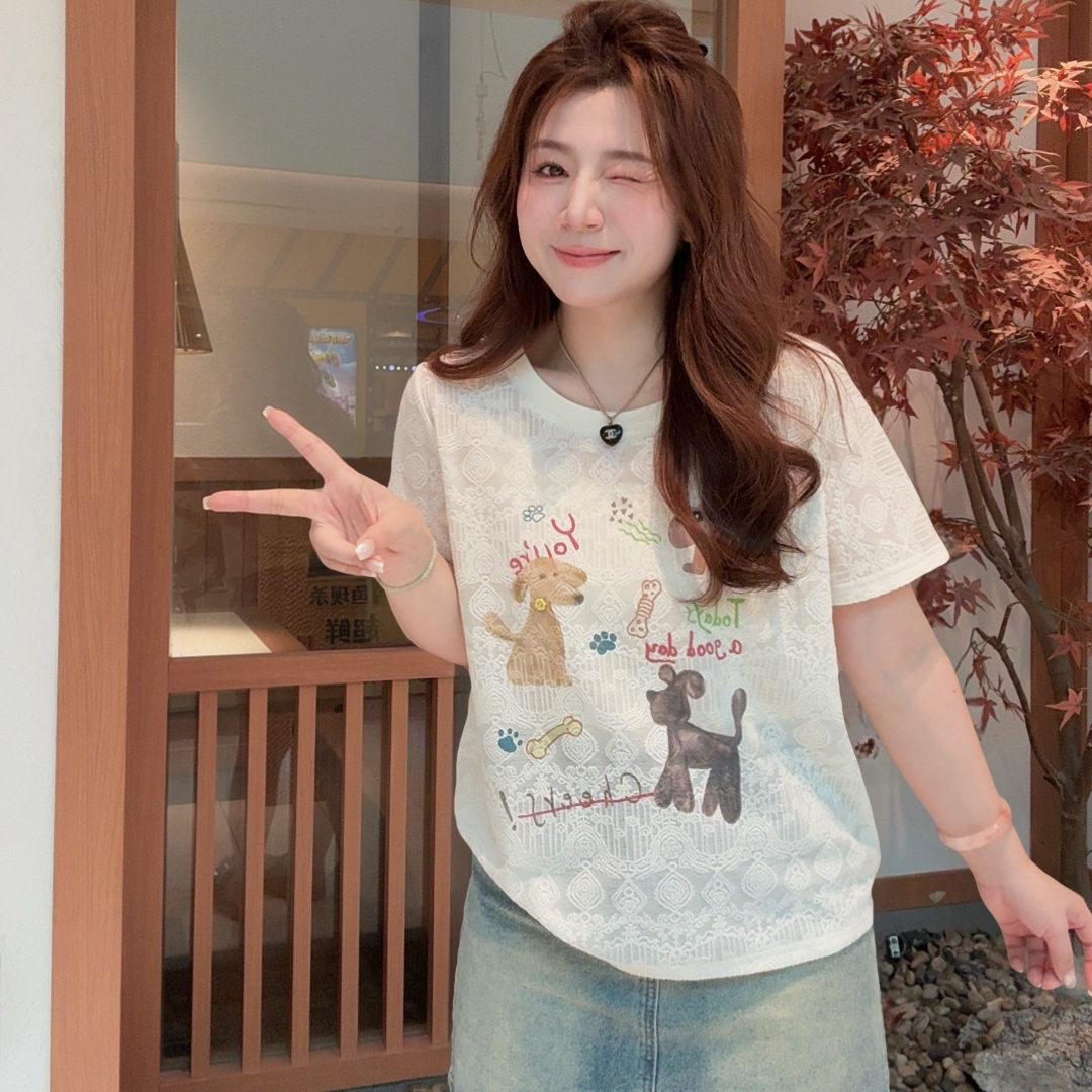 蕾丝提花短袖t恤女夏季慵懒上衣