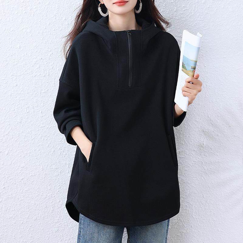 MONLOUVE大码时尚半拉炼连帽卫衣女装2025秋新款胖mm中长款遮屁股