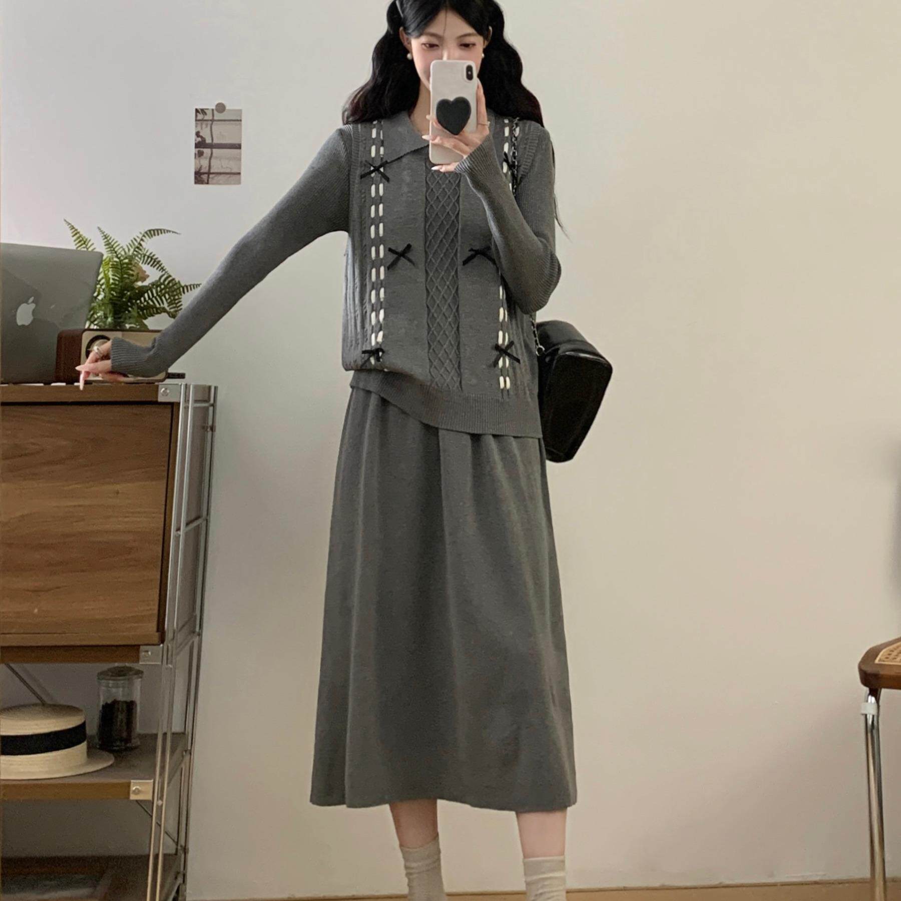 MONLOUVE大码时尚针织套装女2025秋冬款胖MM设计感蝴蝶结上衣连衣