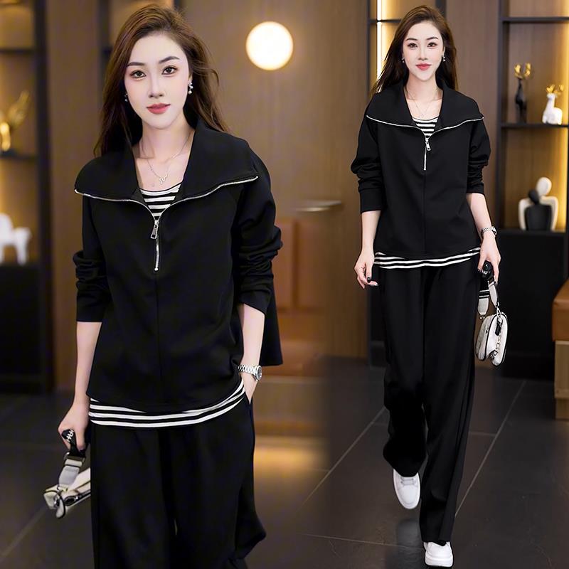 MONLOUVE大码时尚休闲运动套装女秋新款胖mm宽松减龄条纹卫衣阔腿