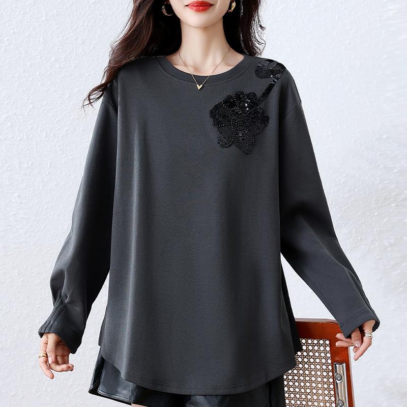 MONLOUVE大码时尚设计感拼接T恤女装2025秋新款胖mm洋气钉珠亮片