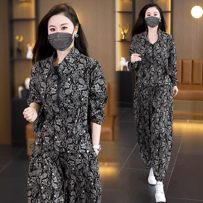 MONLOUVE大码时尚洋气套装女2025秋新款胖mm宽松显瘦印花上衣哈伦