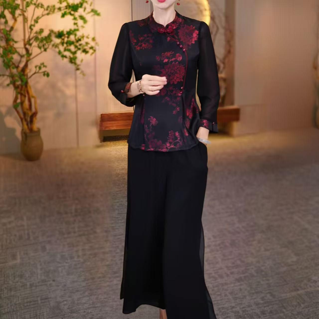 MONLOUVE大码时尚国风妈妈套装女2025秋季新款胖mm高贵洋气减龄显