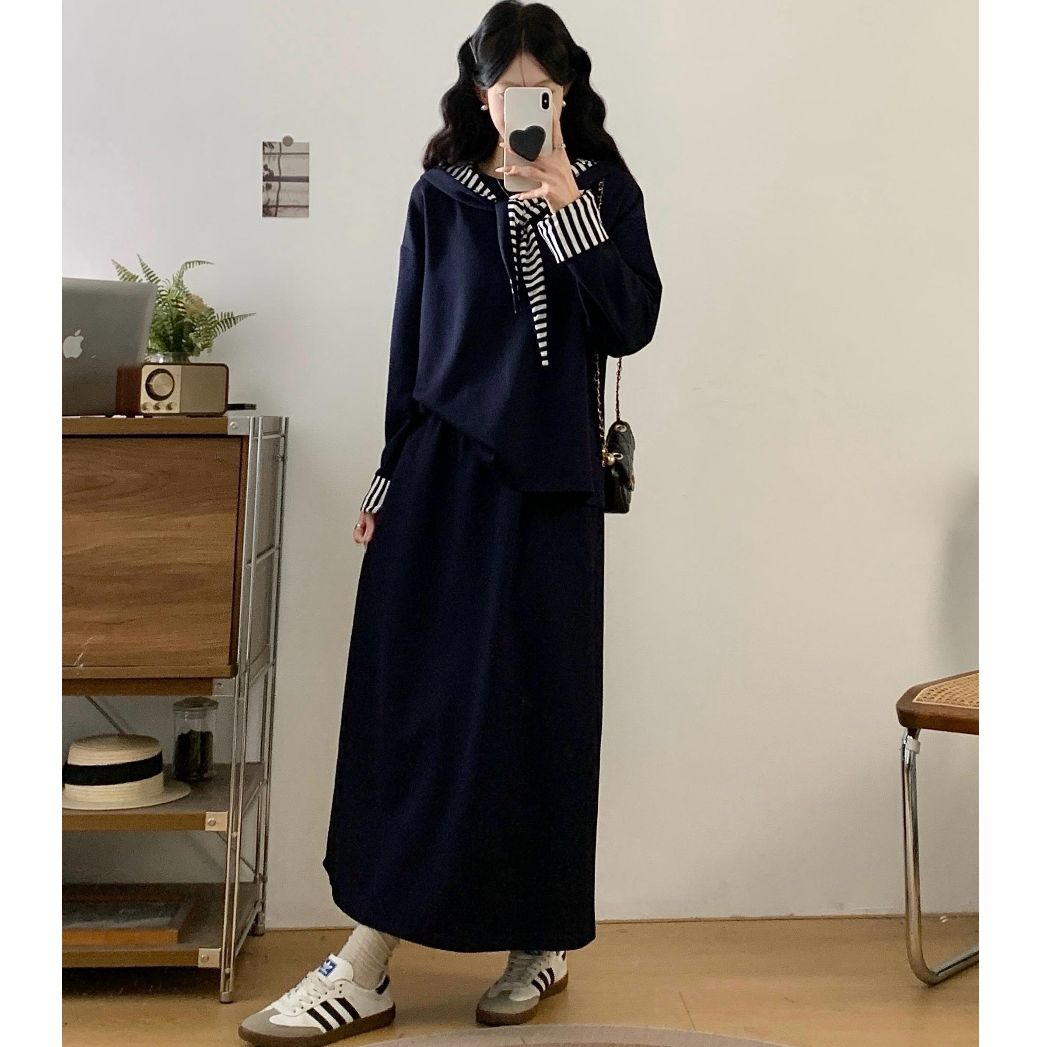 MONLOUVE大码女装2025秋新款胖mm休闲条纹拼接连帽卫衣口袋半身裙