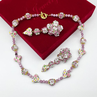 中古vintage穆拉诺琉璃爱心花朵甜美优雅百搭项链耳夹套装