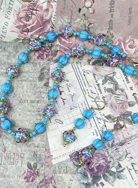 中古vintage蓝色琉璃花朵夏季新品清新唯美气质穆拉诺耳坠项链