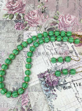 中古vintage绿色花朵形状清新夏季百搭唯美耳坠项链套装配饰