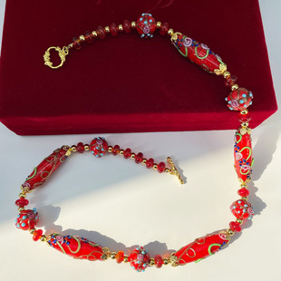 中古vintage红色穆拉诺蛋糕手烧琉璃毛衣链意大利老奶奶项链配饰