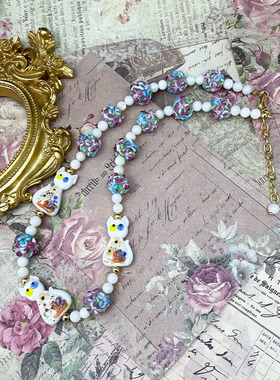 中古vintage花朵穆拉诺琉璃猫咪复古时尚可爱甜美清新手工项链
