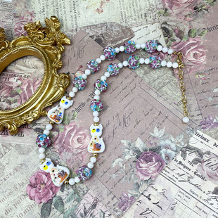 中古vintage花朵穆拉诺琉璃猫咪复古时尚可爱甜美清新手工项链