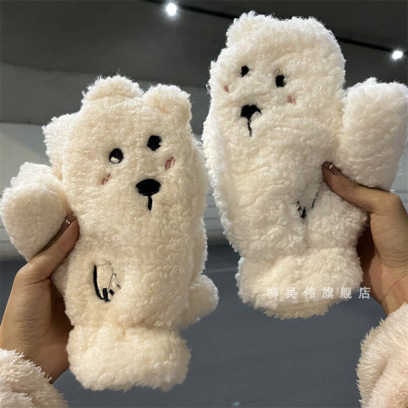 新款毛绒手套冬季女生加绒加厚防寒骑车可爱挂脖保暖棉手套秋冬天