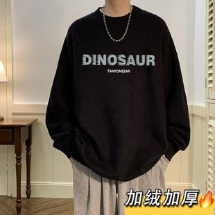 针织衫 加绒男士 字母印花宽松加厚长袖 oversize圆领毛衣男2025新款