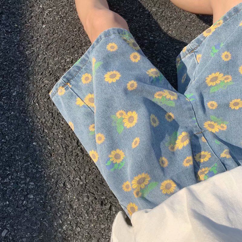 小雏菊牛仔短裤男夏季网红ins超火五分裤外穿宽松休闲沙滩裤潮牌