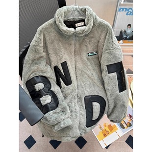 冬季 街头复古字母拼接羊羔毛立领棉衣男潮牌宽松情侣保暖毛毛外套
