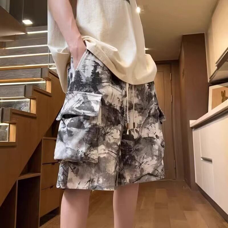 夏季男港风扎染灯芯绒工装五分裤