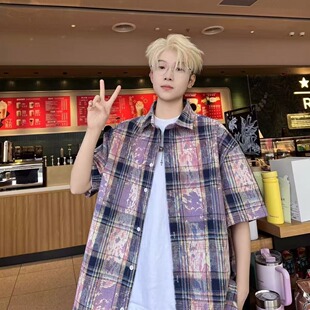 扎染绿色格子短袖衬衫男款夏季美式磨毛衬衣cleanfit情侣半袖外套