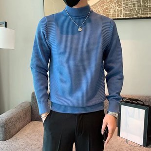 内搭针织衫 修身 高级感百搭加厚毛线衣 秋冬韩版 半高领加绒毛衣男士