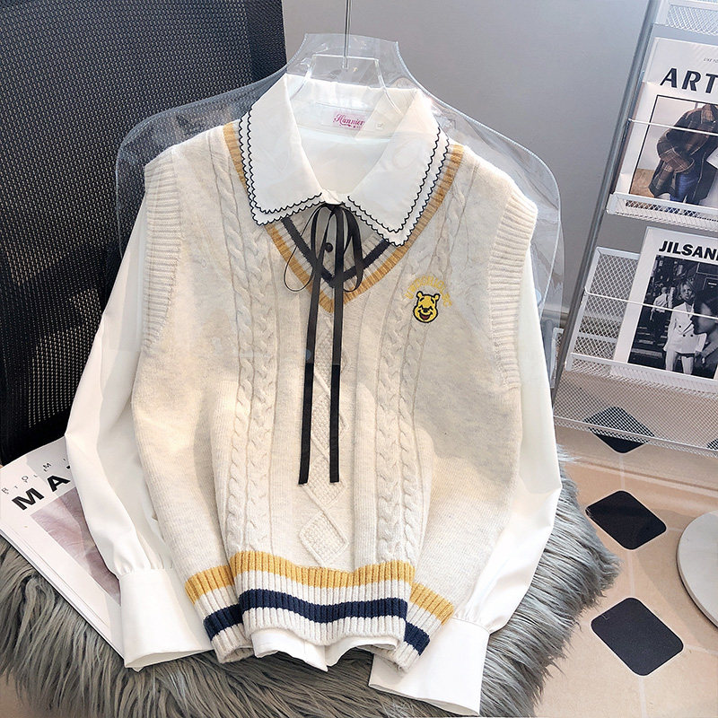 早春秋衬衫配马甲女款针织衫毛衣学院风背心V领2023新款春季搭配