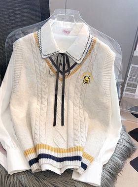 早春秋衬衫配马甲女款针织衫毛衣学院风背心V领2023新款春季搭配