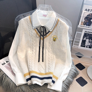 早春秋衬衫配马甲女款针织衫毛衣学院风背心V领2023新款春季搭配