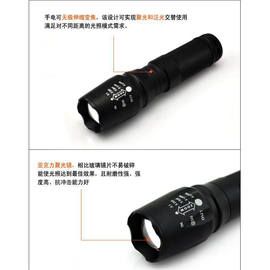 26650电池强光手电筒 L2变焦探照灯LED充电迷你户外远射手电