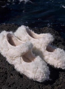 Monday JA 法式白色羊羔绒玛丽珍毛毛鞋女秋冬平底加绒棉单鞋子