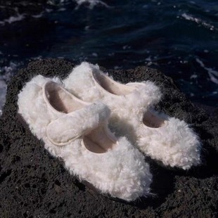 女秋冬平底加绒棉单鞋 Monday 白色羊羔绒玛丽珍毛毛鞋 法式 子