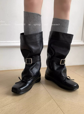 JW stylish 牛皮增高芭蕾蝴蝶结中筒靴女扣带方头大筒围堆堆靴子