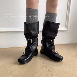 牛皮增高芭蕾蝴蝶结中筒靴女扣带方头大筒围堆堆靴子 stylish
