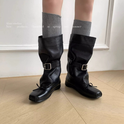 JW stylish 牛皮增高芭蕾蝴蝶结中筒靴女扣带方头大筒围堆堆靴子