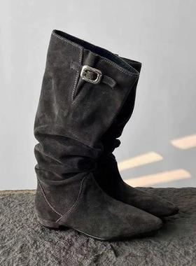 JW stylish 慵懒风褶皱堆堆靴女低跟尖头中高筒牛仔靴骑士靴长靴