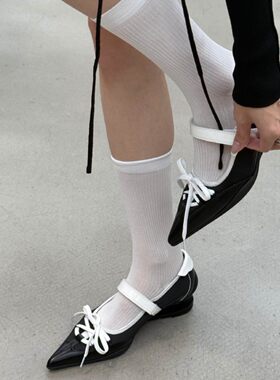 JW stylish 复古黑色尖头蝴蝶结低跟单鞋女 设计感系带玛丽珍鞋子