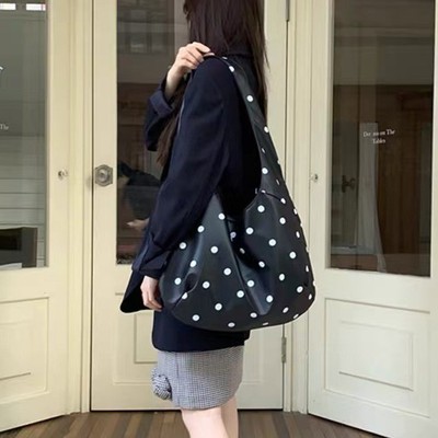 JW stylish 复古黑白波点包包女百搭哑皮单肩包大容量斜挎托特包