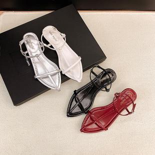 stylish 小高跟露趾鞋 法式 女搭扣尖头个性 子 复古一字细带凉鞋