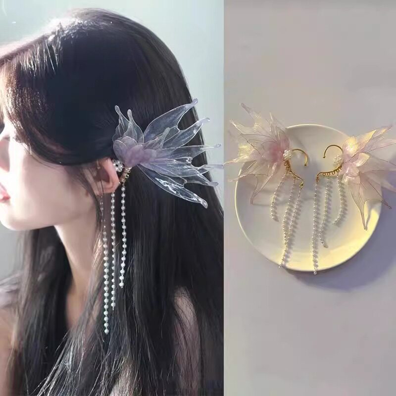 人鱼公主耳挂美人鱼汉服头饰女精灵耳饰造液花蝴蝶森系流苏发饰品