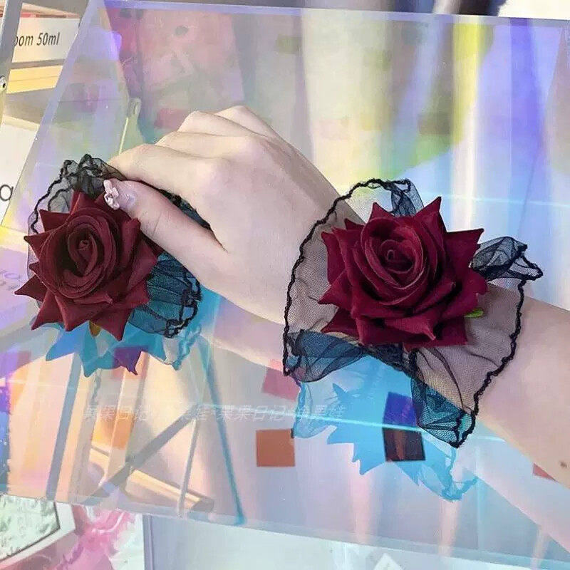 罗莉塔手腕花暗黑系玫瑰花红色手袖蕾丝花朵荷叶边手环女礼服袖套