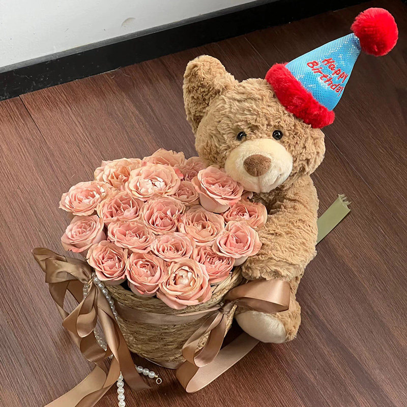 永生花玫瑰仿真香皂花高级玩偶花束小熊妇女节送闺蜜女生生日礼物