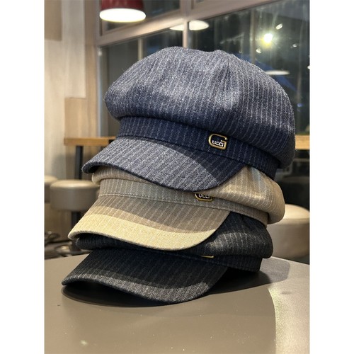 日系复古英伦风条纹八角帽女春秋百搭显脸小贝雷帽时尚报童画家帽