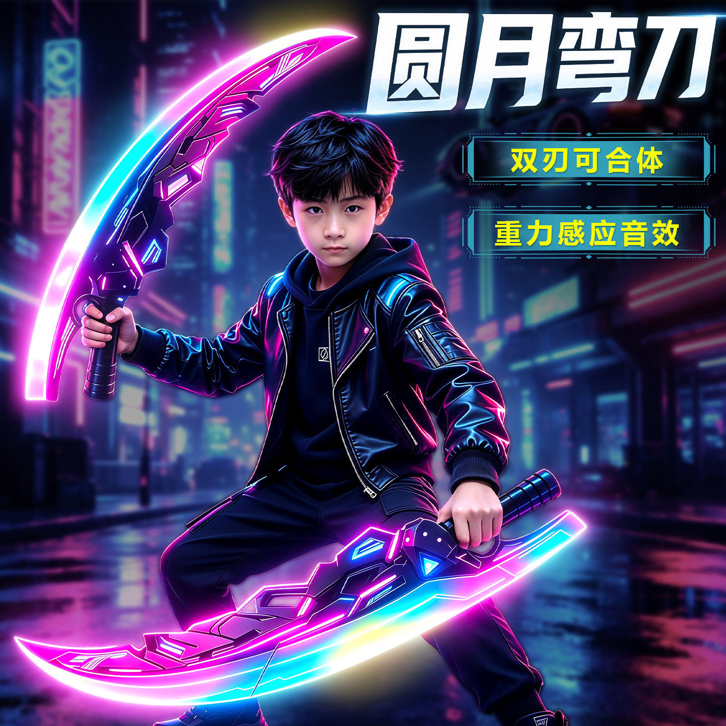 新款光剑圆月弯刀七色炫酷灯光二合一双刀流光剑大人小孩发光玩具