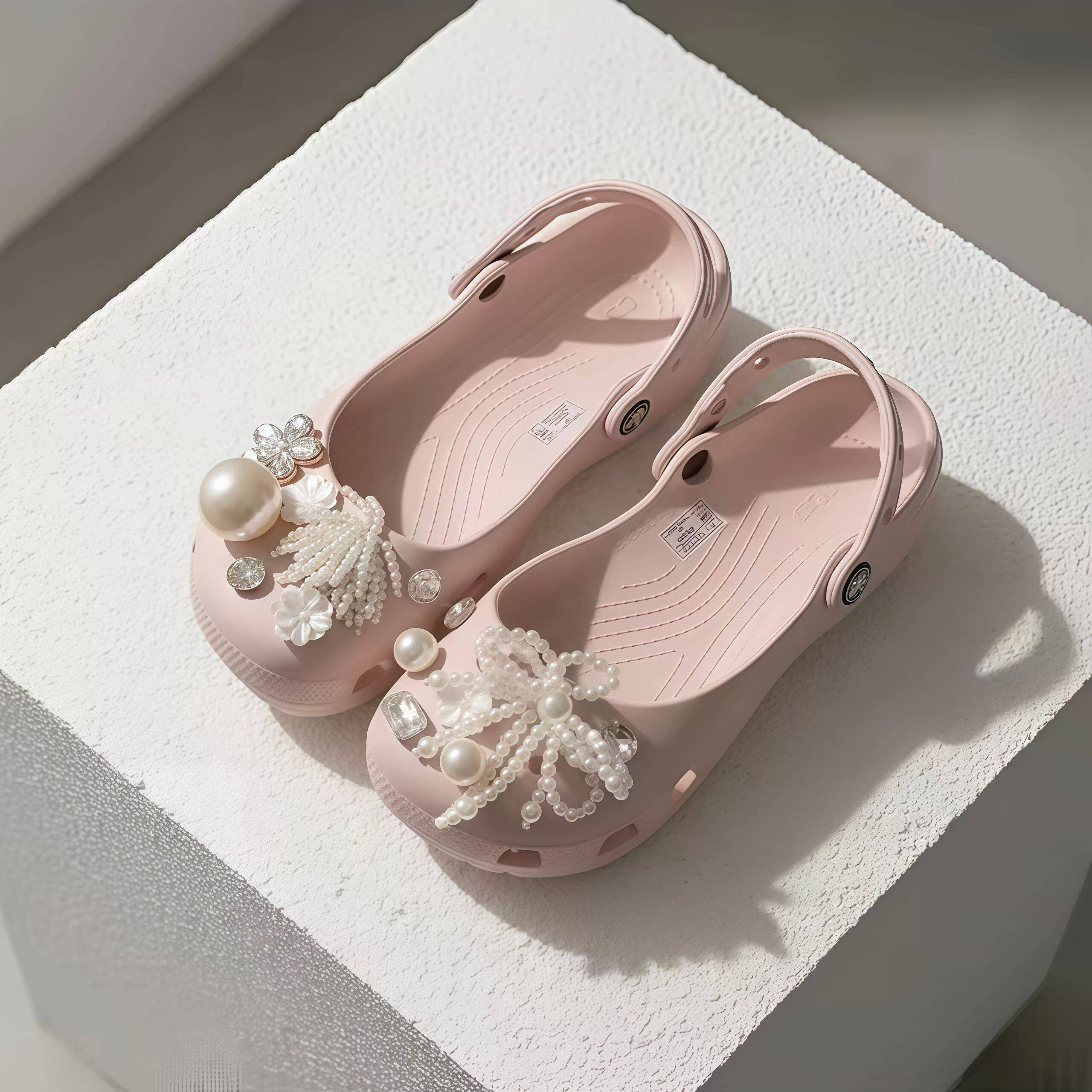 珍珠少女仙女芭蕾舞鞋鞋花洞洞鞋可爱女生装饰配饰适配crocs卡扣