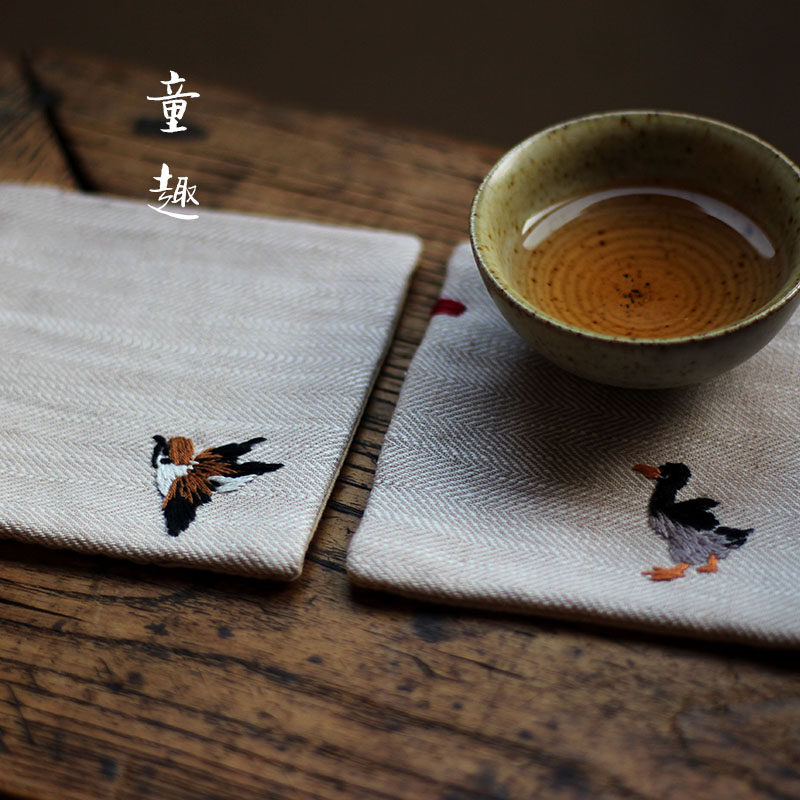 童趣┇中国水墨画复古风刺绣杯垫禅意杯托棉麻吸水茶垫diy材料包